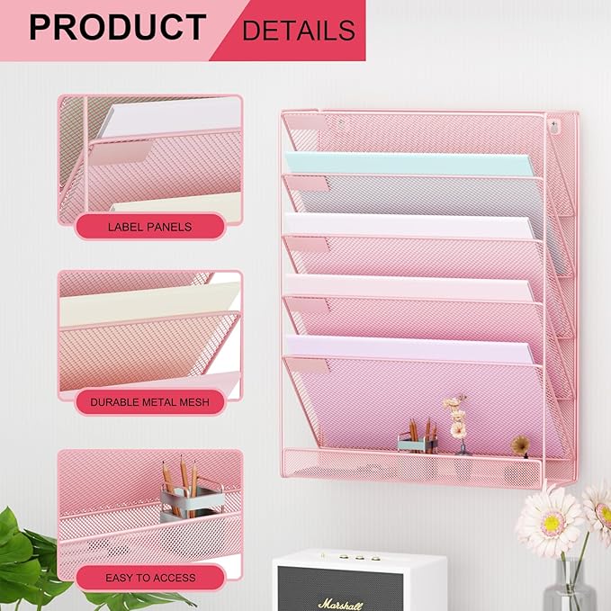 Wall File Organizer Holder Mesh Hanging Paper Document Holder, Vertical 6 Pocket Tier for Office Home, Light Pink