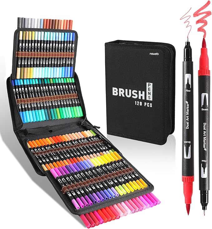nauets 120 Colors Brush & Fine Dual Tip Watercolor Markers Set for Kids Adults Coloring Books No Bleeding Paint Pens For Drawing Note taking Planner Calligraphy Journaling Card Making Art Supplies