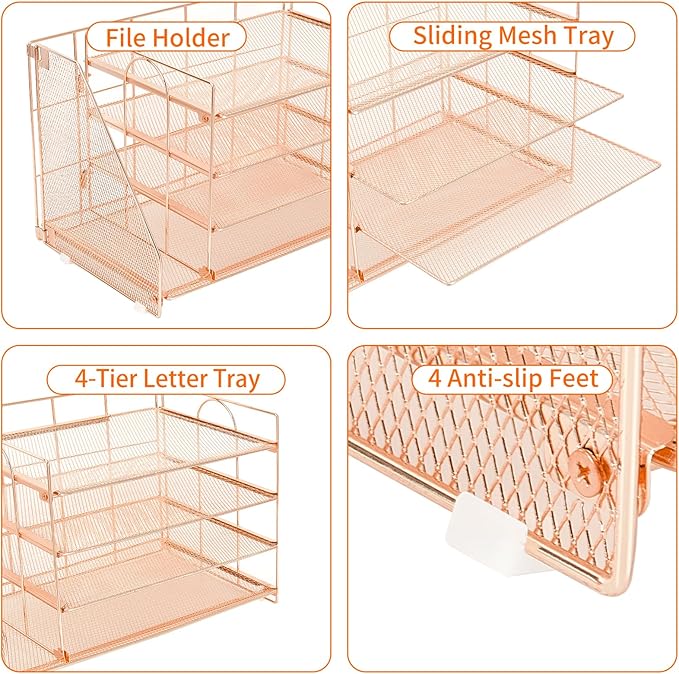 OPNICE 4-Tier Paper Organizer with Magazine Holder, Desk Organizers and Accessories, Office Desk Accessories & Workspace Organizers, Desktop File Organizer for Office Supplies Storage, Rose Gold