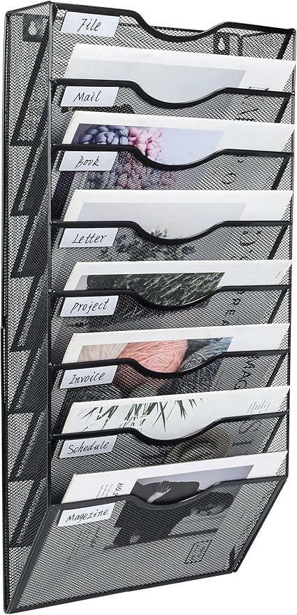 PAG Hanging Wall File Holder Organizer Mail Sorter Literature Rack for Office, 8 Pockets, Black