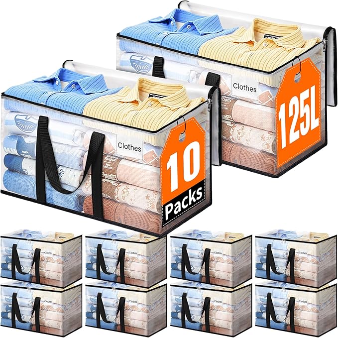 Extra Large Heavy Duty Moving Bags, Storage Bags with Strong Zippers & Handles, Packing Bags for Moving Essentials, Ideal Storage Tote for Home, Dorm & Storage Solutions, 125L 10 Packs Clear