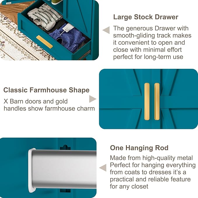 Metal Wardrobe Cabinet,71 Armoire Wardrobe Closet with Drawers and Hanging Rod,Metal Armoire with Adjustable Shelves for Closet,Bedroom,Farmhouse Storage Cabinet with Drawer(Blue)