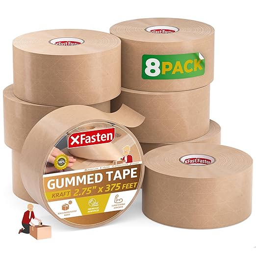 XFasten Brown Paper Tape - 2.75-Inch x 375-Feet, 8-Pack Water Activated Kraft Tape for Packing Boxes