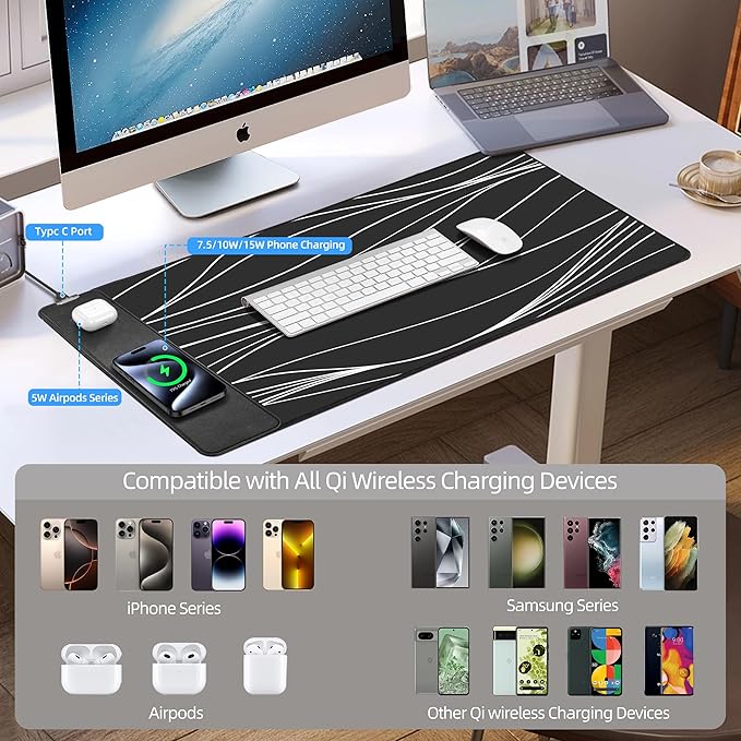 Mouse Pad with Wireless Charging, Gaming Mouse Pad with Ultra-Smooth Surface, Large XXL Desk Mat, Non-Slip Mouse Mat, Waterproof Computer Keyboard Pad for Desk, Office, 800x400x4MM, Black and Line