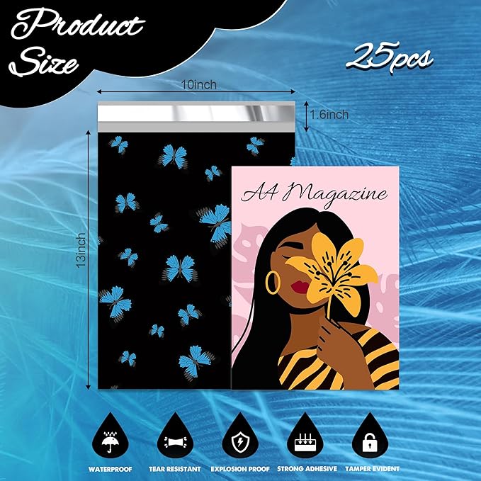 butterfly Poly Mailer 10x13 Inch 25 Pcs, Waterproof Shipping Bags for Clothing, Tear-Resistant Mailier Bags, Strong Mailing Bags with Self-Seal