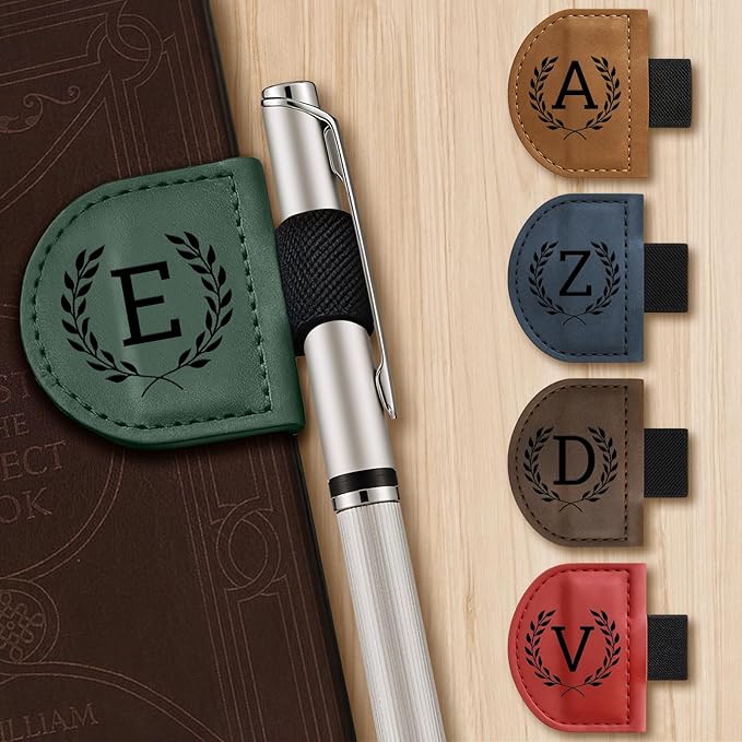 Personalized Bygone Mark Bookmark with Pen Holder,Engraving Leather Magnetic Bookmarks Vintage 26 Letters Name Initials Text Book Marker Clips Gifts for Reading Book Lovers Women (Green, E)