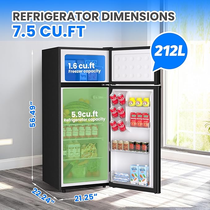 7.5 Cu Ft Refrigerator with Freezer,212L Energy Star Compact Refrigerator; Ultra Quiet & Efficient for Dorm, Apartment, Office,Reversible Door & Adjustable Thermostat
