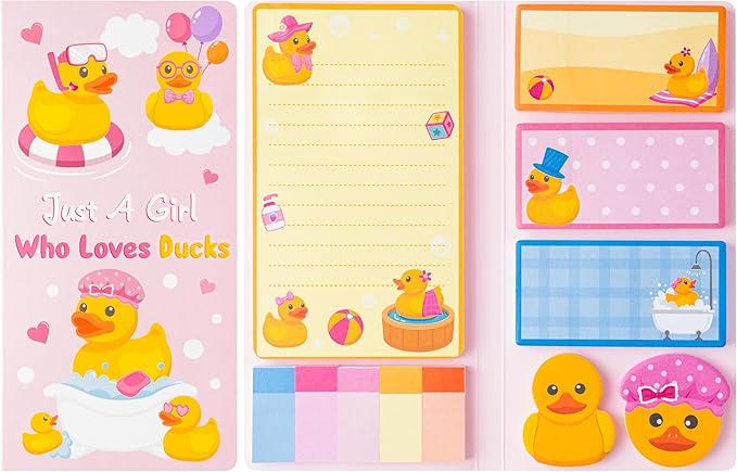 Xqumoi Duck Lovers Sticky Notes Set - Just A Girl Who Loves Ducks Self-Stick Note Pads Cartoon Animal Duckie Writing Memo Pad Page Marker Bookmarker Back to School Office Party Favors Supplies