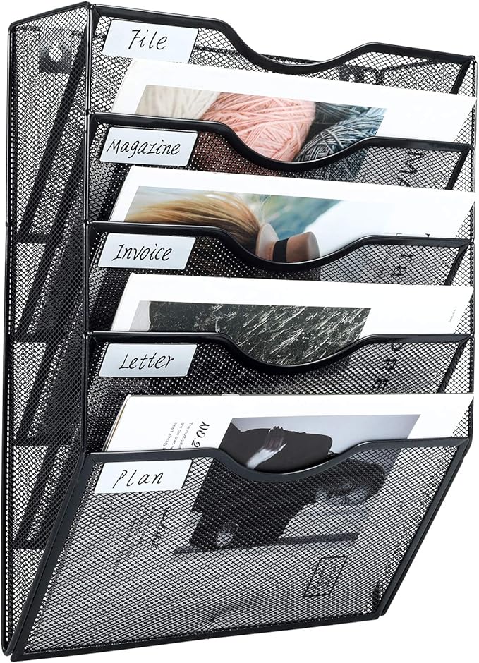PAG Hanging Wall File Holder Mail Organizer Wall Mount Document Letter Rack, 5-Tier, Black