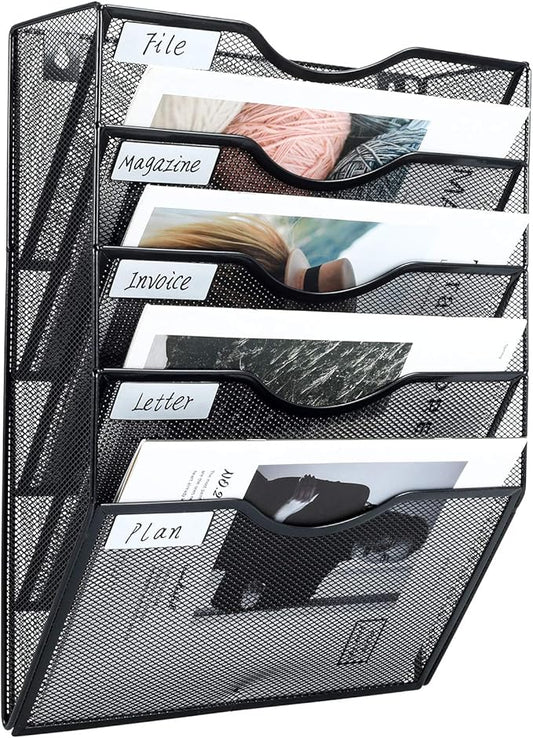 PAG Hanging Wall File Holder Mail Organizer Wall Mount Document Letter Rack, 5-Tier, Black