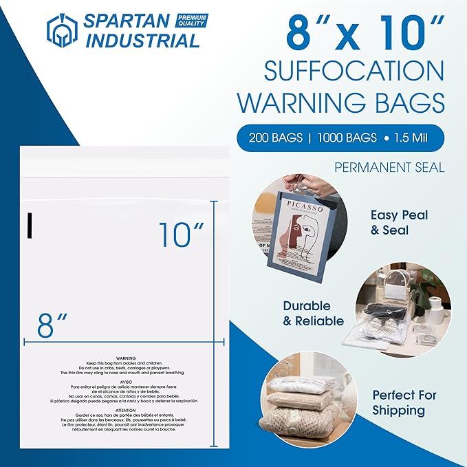 Spartan Industrial - 8" X 10" (1000 Count) Self Seal Clear Poly Bags with Suffocation Warning - Permanent Adhesive