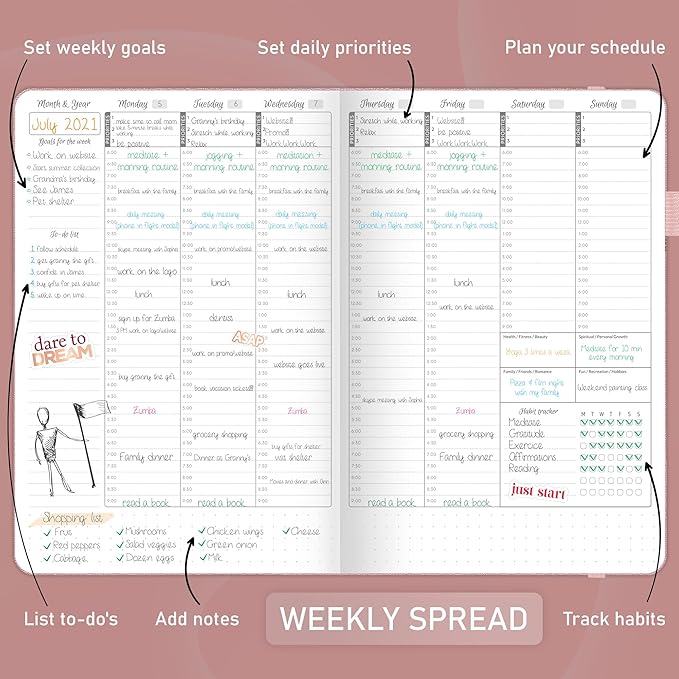GoGirl Weekly Schedule Planner – Hourly Work & Life Planner with Time Slots – Vertical Agenda Organizer for Daily Productivity, A5 (Rose Gold)