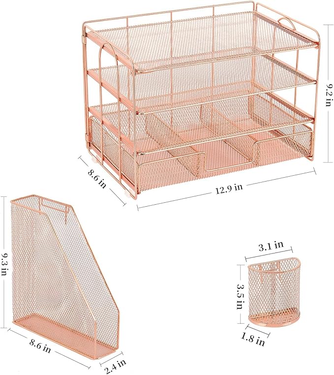 OPNICE Desk Organizer and Accessories, 4-Tier Desktop File Organizer with Drawer and 2 Pen Holders, Office Desk Accessories, File Sorters, Workspace Organizers for Office Supplies(Rose Gold)