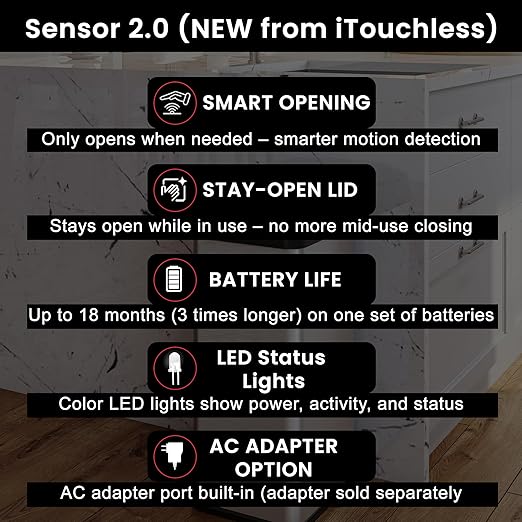 iTouchless 13 Gallon Sensor Trash Can 2.0 – Touchless Lid, Dog-Proof Lock, Odor Filter, Stainless Steel, Battery or Plug-in, for Kitchen, Home, or Office