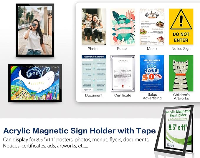 Acrylic Sign Holder 8.5x11 Wall Mount - 5 Pack Adhesive Frames, Magnetic Frame, Document & Picture Holder for Wall, Door, Glass Acrylic Frame with Strong Magnetic Sign Holder