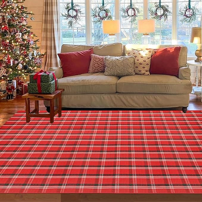 Christmas Red Green White Plaid Rug 8x10 ft, Extra Large Cotton Hand-Woven Buffalo Check Area Rug for Living Room, Bedroom, Patio, Christmas Holiday Farmhouse Decor, Washable Outdoor Indoor Carpet