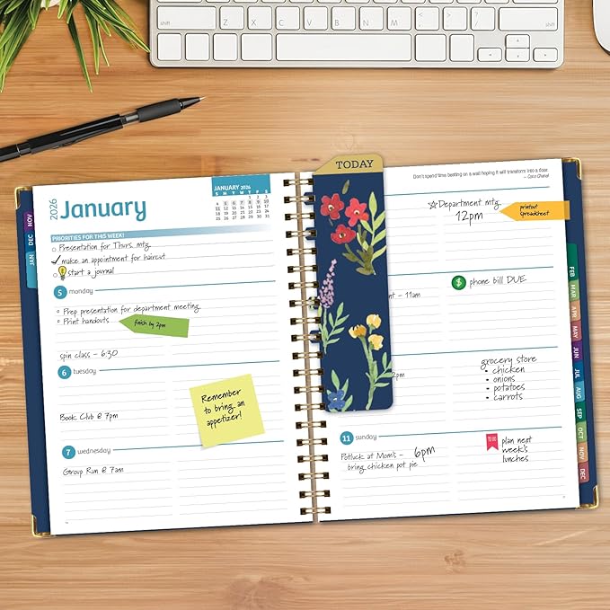 HARDCOVER 2026 Planner, 8.5"x11": 14 Months (November 2025 - December 2026), Daily Weekly Monthly Planner, Yearly Agenda, Bookmark, Pocket Folder and Sticky Note Set (Navy Gold Numbers)