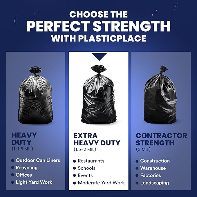 Plasticplace 55-60 Gallon Trash Bags │ 1.5 Mil │ Black Heavy Duty Garbage Can Liners │ 36” x 58” (100 Count)