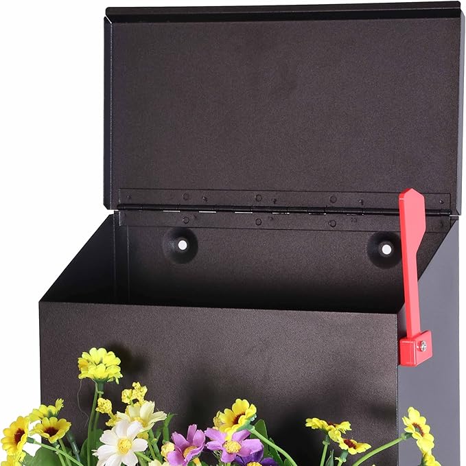 Wall Mount Mailbox with Flower Planter - Black Large Capacity Security Wall Mounted Mailbox - Waterproof Vertical Drop Mail Box Outdoor