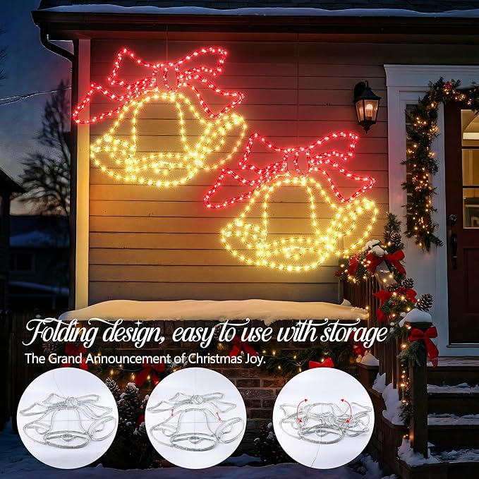 Joomer 33‘’ Christmas Lights Outdoor Bell Neon Super-Bright Large LED Christmas Light Decoration with Timer Waterproof for Outdoor Home Party Wall Hanging Holiday(Warm White & Red)