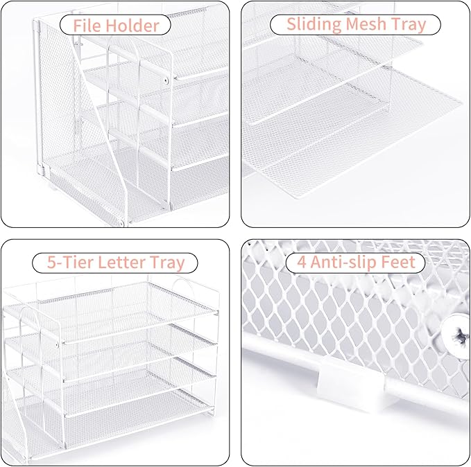 OPNCIE 4-Tier Paper Organizer with Magazine Holder, Desk Organizers and Accessories, Office Desk Accessories & Workspace Organizers, Desktop File Organizer for Office Supplies Storage, White