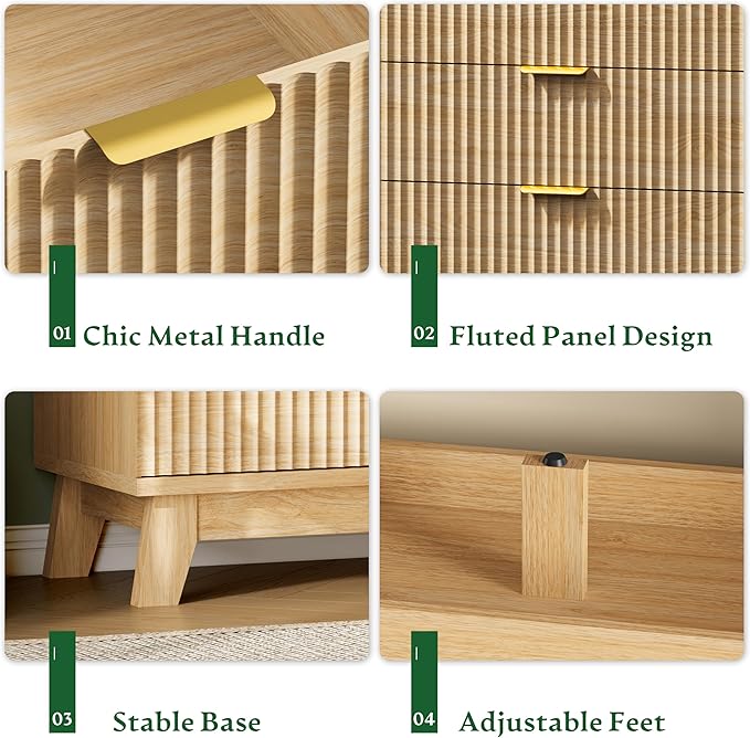 Fluted Dresser with 6 Drawers, 54" Wide Modern Chest of Drawers with Metal Handle, Wooden Dresser TV Stand, Wood Closet Clothes Storage Organizer for Bedroom, Living Room, Hallway, Natural Oak