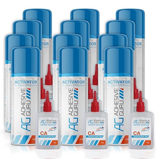 Adhesive Guru CA Glue with Activator Woodworking (12 x 0.9 oz - 12 x 3.38 fl oz) Ca Glue for Woodworking, Cyanoacrylate Glue and Activator (12 Pack)