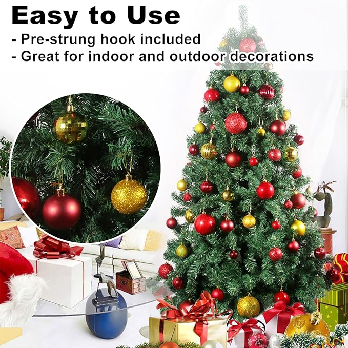 Red & Gold 2.5" Christmas Balls Christmas Tree Decoration Ornaments Shatterproof Hanging Balls for Birthday Halloween Holiday Wedding Decorations Set of 24pcs