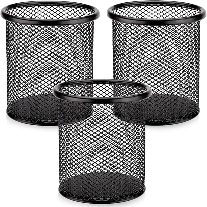 Segarty Pen Holder, 3 Pack Round Black Pen Cup Holder for Desk, Wire Mesh Pencil Containers Set for Office Supplies, School Maker, Home Desktop Accessories Organizer, Makeup Brush