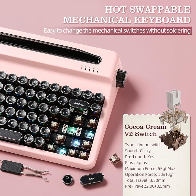 YUNZII QL75 Wireless Typewriter Hot Swap Retro Mechanical Keyboard,Punk Round Keycaps,RGB Backlit QMK/VIA Programmable,Multi-Device Keyboard with 2.4GHz/Type-C/BT5.0 (Pink, Cocoa Cream V2 Switch)