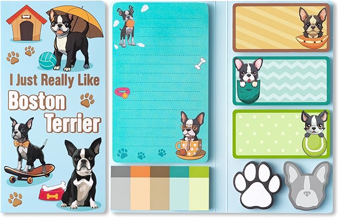 Xqumoi I Just Really Like Boston Terrier Sticky Notes Set, 550 Sheets, Cute Boston Terrier Self-Stick Notes Pads Animal Divider Tabs Bundle Writing Memo Pads Page Marker Back to School Office Supplies