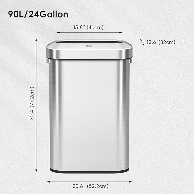 EKO Urban 24 Gallon/ 90 Liter Open Top Stainless Steel Slim Commercial Trash Can, Tall Kitchen Garbage Bin, Heavy-Duty Commercial Grade Large Trash Can for Home, Office, Hotel, Cafe, Restaurant, Dorm
