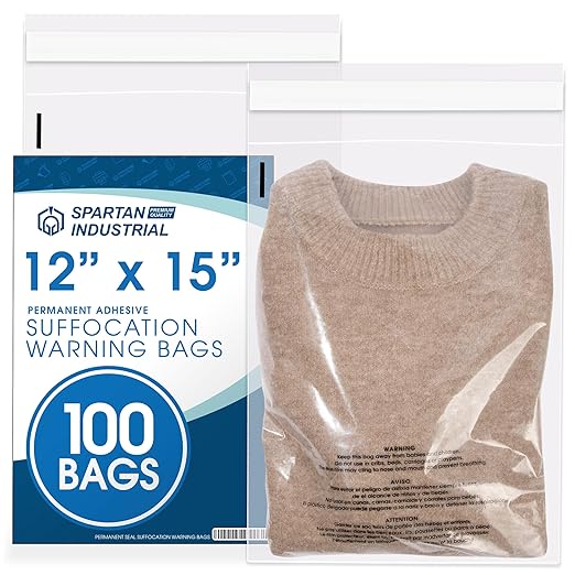 Spartan Industrial - 12” X 15” (100 Count) Self Seal Clear Poly Bags with Suffocation Warning for Packaging, T Shirts & Shipping - Permanent Adhesive