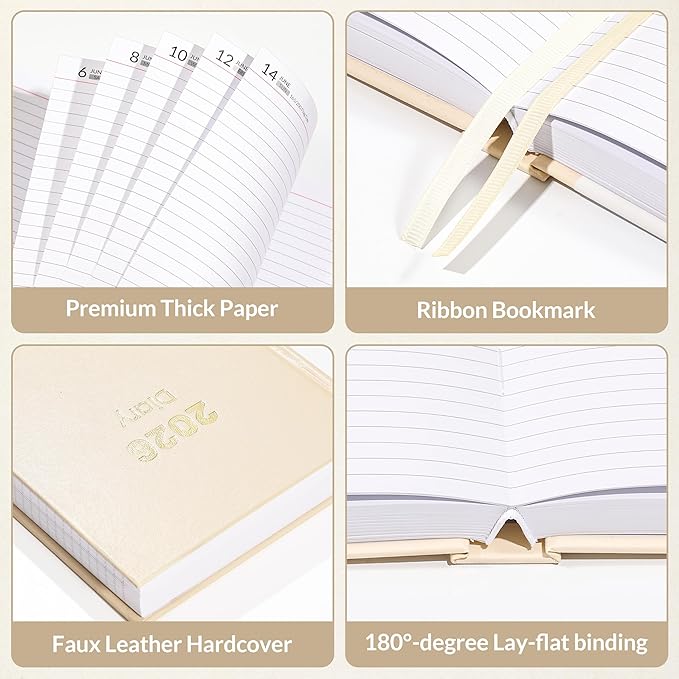 SUNEE 2026 Diary Journal Hardcover - Daily Planner Organizer for Work & School - Daily Page Layout with Holidays, Notes, Contacts - Agenda for Women & Men, Beige