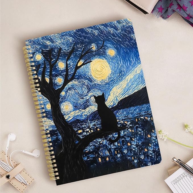 Cute Spiral Notebook journal A4 Aesthetic Pretty Design for Women Girls Kawaii with Pocket, 8.5 x 11 inch, Lined, Cat Galaxy