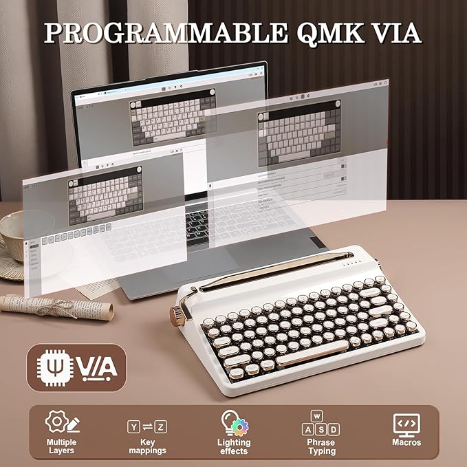 YUNZII QL75 Wireless Typewriter Hot Swap Retro Mechanical Keyboard,Punk Round Keycaps,RGB Backlit QMK/VIA Programmable, Multi-Device Keyboard with 2.4GHz/Type-C/BT5.0 (White, Cocoa Cream V2 Switch)
