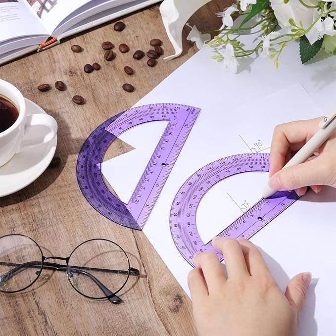 Zonon 2 Pcs 6 Inch Plastic Protractor Math Protractors 180 Degrees Angle Measurement, Translucent for Geometry Classroom Kid Student School Office Supplies(Purple)
