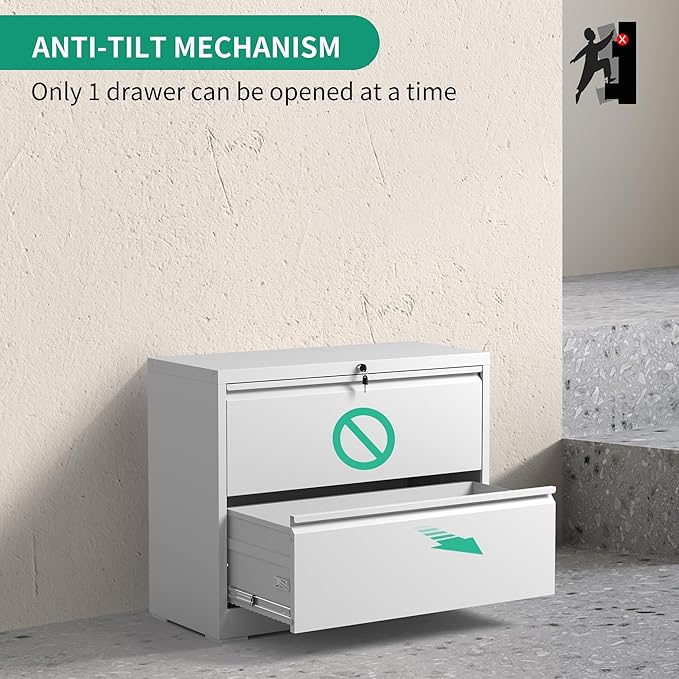 2 Drawer Lateral File Cabinets Office Metal Filing Cabinet Steel Storage Cabinet with Lock Wide Horizontal Filing Cabinets for Hanging Files Legal/Letter/A4 Size Assembly Required
