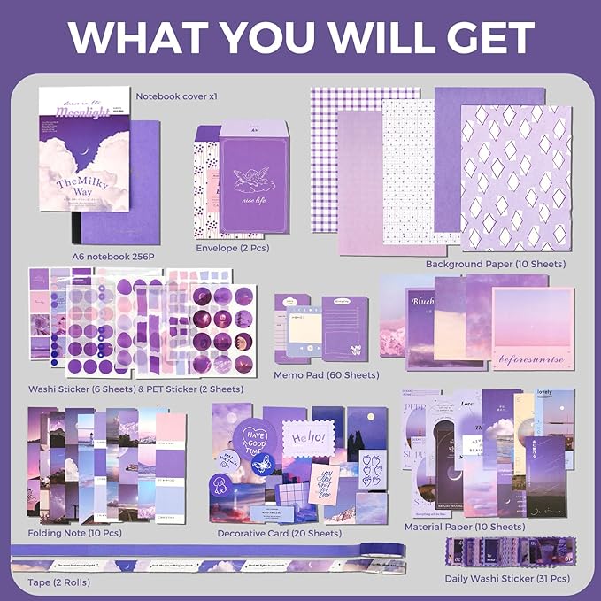 Funto Scrapbooking Kit(155 PCS), Warm Mail Series-Letter from The Moon, Perfect for Bullet Scrapbooking Materials, Planner DIY Arts Craft Collage