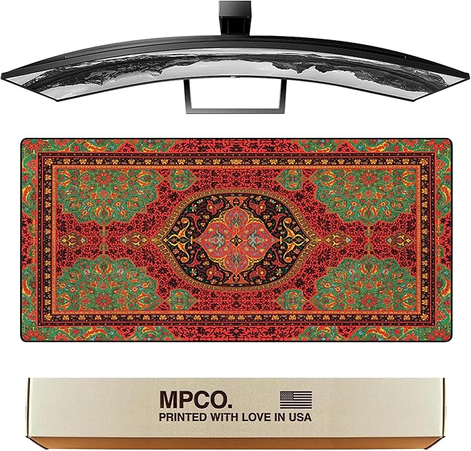 MPCO. Arabic Textiles Large Gaming Desk Pad - 36" x 17" Duraglyde Fabric Crimson-Lotus Desk Mats - Non-Slip, Washable, Smooth Glide for Precision Gaming & Work