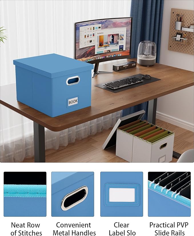 2 Pack File Storage Organizer - Portable Filing Box with Lid, Fits Letter/Legal Size, Navy Blue Leather Box