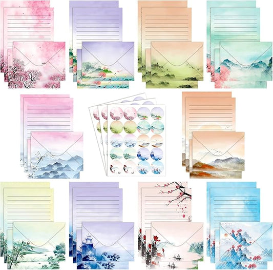 TaoBary 160 Pcs Stationery Paper Set 50 Double Sided Stationery Papers with 50 Matching Envelopes and 60 Round Dot Sticker, 10 Design(Ink Painting,5.5 x 8.25 Inch)