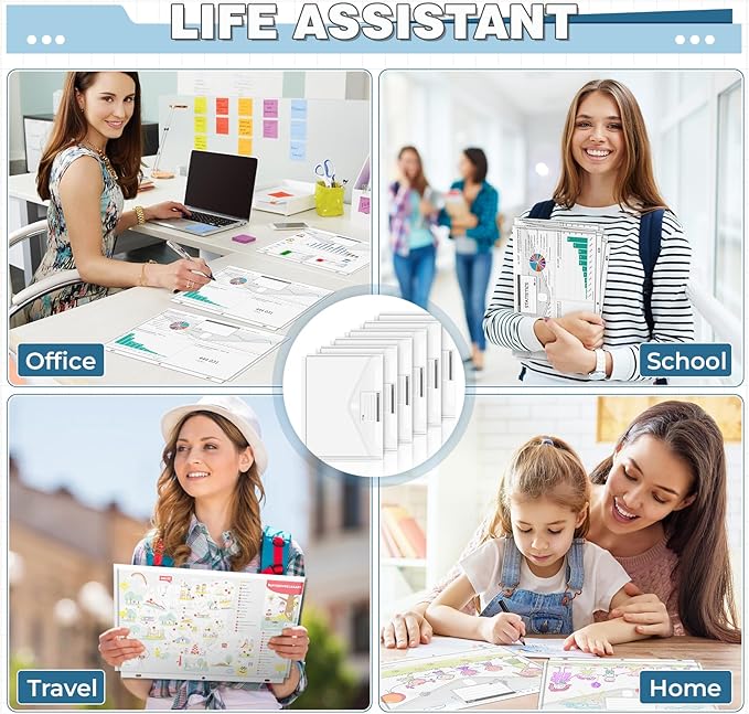 Clear Binder Pockets for 3 Ring, 28 PCS Plastic Binder Folders Envelopes with Extra-Long Hook and Loop Closure, Letter Size Heavyweight Poly Binder Organizer with Label Pocket for School Office Home