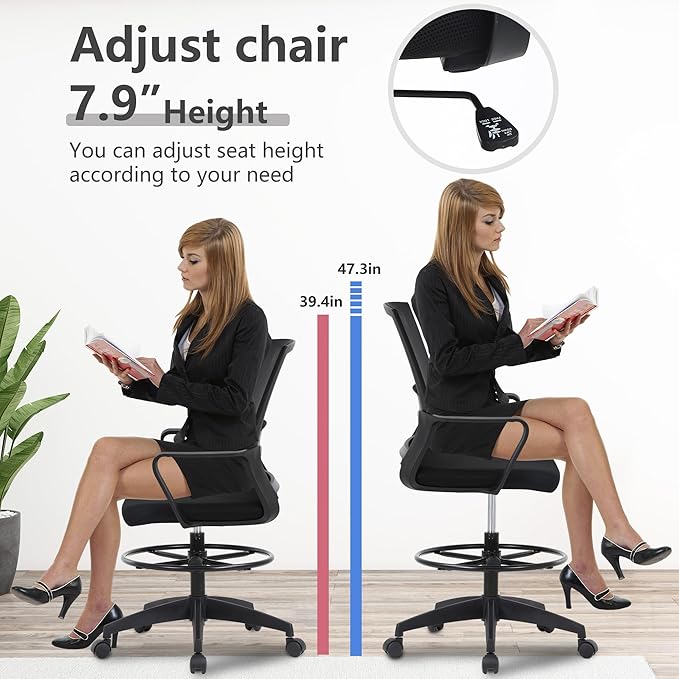 PayLessHere Drafting Chair Computer Standing Desk Chair Tall Office Chair with Lumbar Support Adjustable Foot Ring for Mesh Ergonomic Mid-Back Desk Chair (Black)