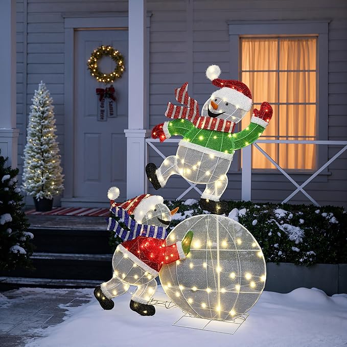 LuxenHome 5.5FT Lighted Snowman Outdoor Christmas Decorations, 2D Light Up Snowman on Snowball Christmas Decor with 140 LED Lights, Xmas Decorations Outdoor, Indoor for Porch, Lawn Holiday Display