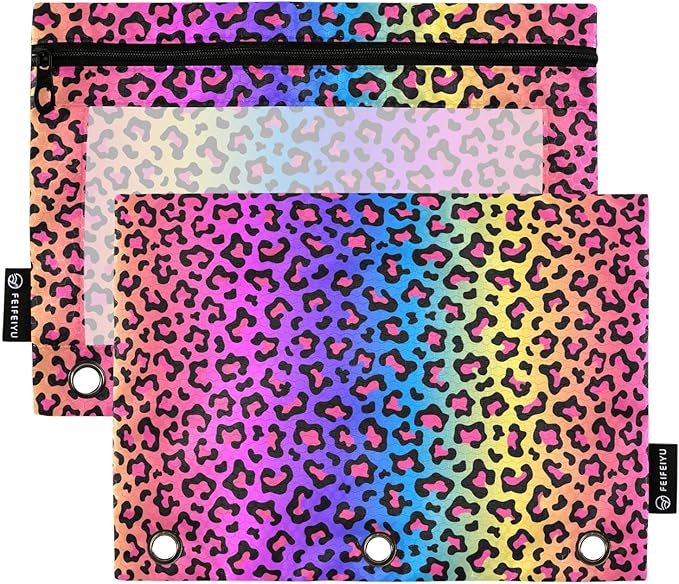 ALAZA Pencil Pouch for 3 Ring Binder, Rainbow Leopard Print Binder Pencil Pouches with Clear Window Zipper Pencil Case Cosmetic Bags for Office College Supplies, 2PCS