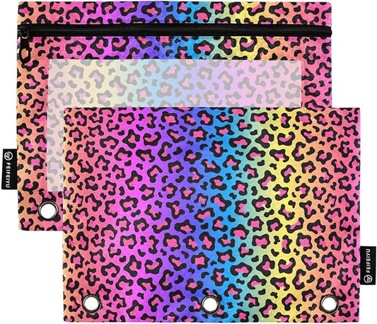 ALAZA Pencil Pouch for 3 Ring Binder, Rainbow Leopard Print Binder Pencil Pouches with Clear Window Zipper Pencil Case Cosmetic Bags for Office College Supplies, 2PCS
