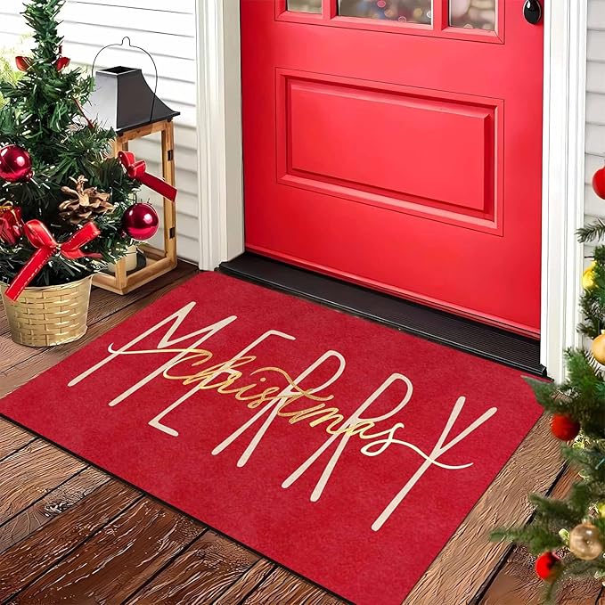 Christmas Door Mat Entrance Front Porch Rugs Red Gold Merry Christmas Doormat Non-Slip Rug Welcome Mat for Entrance Indoor Home Bathroom Floor Decoration, 16" x 24" Inch