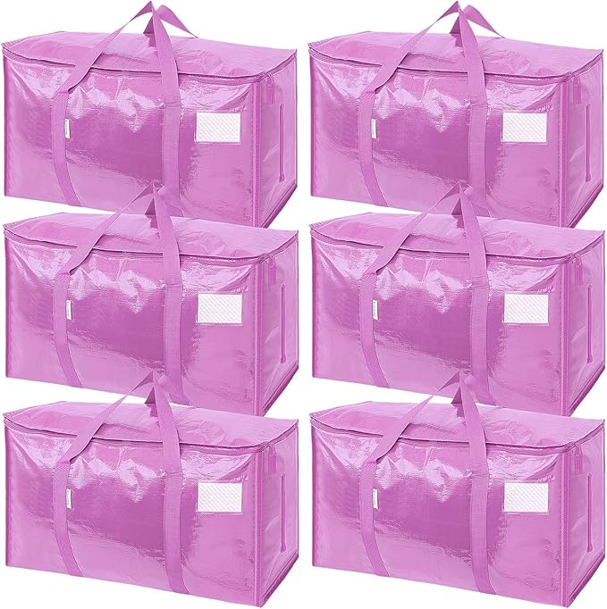 TICONN 6 Pack Extra Large Moving Bags with Zippers & Carrying Handles, Heavy-Duty Storage Tote Moving Boxes for Space Saving (6 Pack, Pink)
