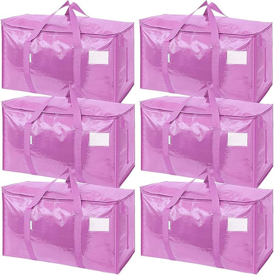 TICONN 6 Pack Extra Large Moving Bags with Zippers & Carrying Handles, Heavy-Duty Storage Tote Moving Boxes for Space Saving (6 Pack, Pink)